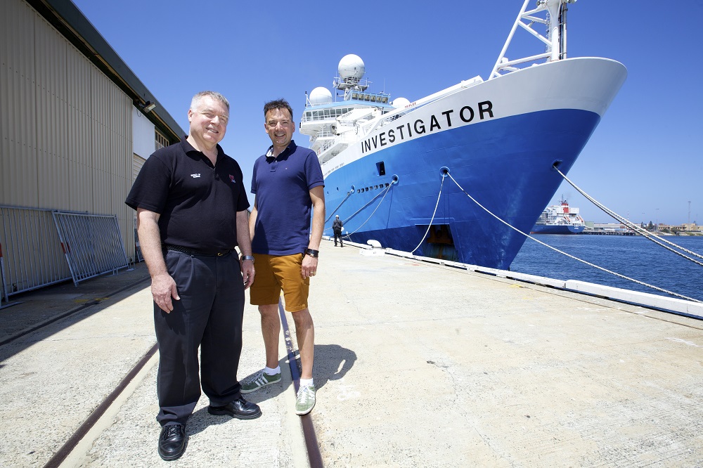 Professor Mike Coffin and Dr Andrew Bowie from IMAS on the wharf in Fremantle